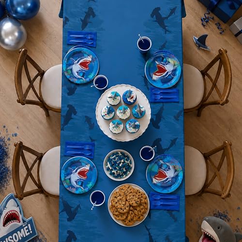Image of Blue Orchards Shark Table Covers (Pack of 3) - 54 inch x 108 inch XL - Plastic Tablecloths for Birthday, Ocean Theme Decorations, Under the Sea Party Supplies, Sea Animal Party for Kids