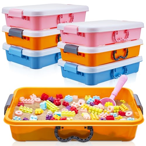 Suzile 6 Pcs Portable Sand Tray with Lid Small Colorful Sensory Bin Play Plastic Sand Tray with Handles Gift for Christmas Water Sand Beads Container, 14.96 x 9.84 x 3.35 Inches, Blue, Orange, Pink