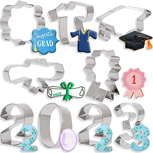 9 Pack 2023 Graduation Cookie Cutters Set - Graduation Cap, Diploma, Medallion, Graduation Gown, Plaque Frame, Number 2023 Biscuit Sandwich Fondant Fruit Cookie Cutters For Baking #TOP1