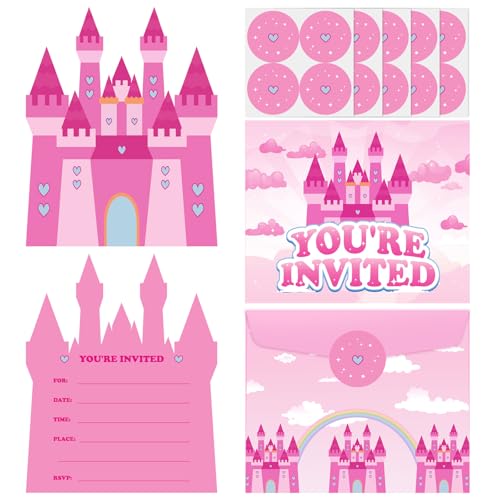 Hot Pink Princess Castle Birthday Party Invitations Cards Girl with Envelopes Stickers for Kids Princess Themed Party Baby Shower Celebration Decorations Supplies Decor Favors,20 Set