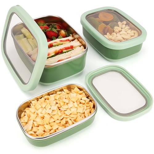 BELLE VOUS (Pack de 3 Recipientes Herméticos para Alimentos Acero Inoxidable con Exterior Antideslizante - Libre de BPA - Tarros Almacenaje Cocina - Para Microondas y Congelador