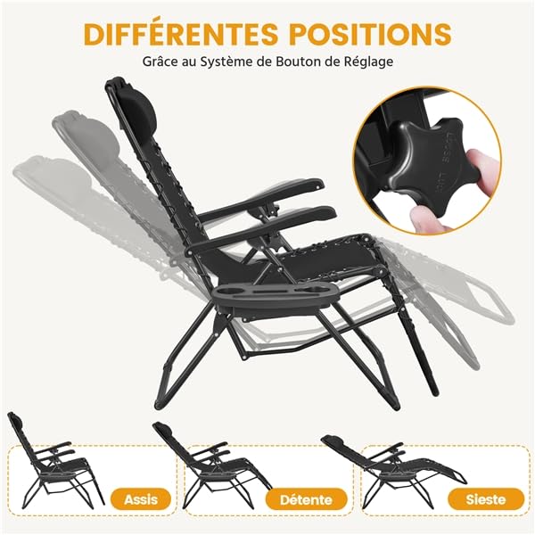 Yaheetech Chaise Longue Pliante Inclinable Bain de Soleil Lot de 2 Zéro Gravité avec Plateau Amovible pour Piscine Jardin Terrasse Charge 114kg Noir