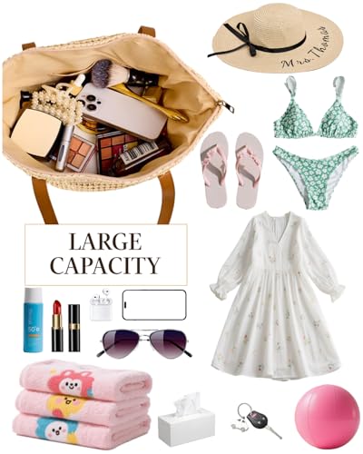 Personalized Girls Beach Bag for Trip, Custom Hand-woven straw Tote Bag for Women, Summer Hobo Bag with Laser Name, Foldable Shoulder Bags for Swimming Pools3