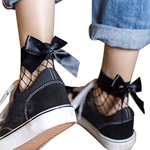 2Pcs Women Fishnet Socks, Mesh Lace Short Ankle Socks with Bowknot Decor White+Black4