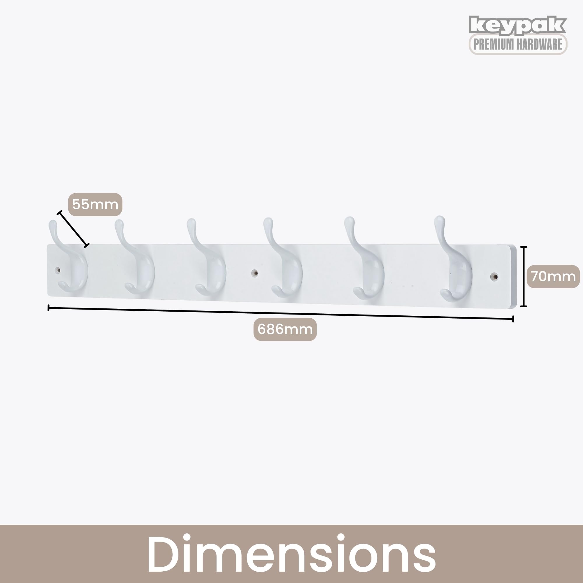 Keypak Perchero moderno de pared, 6 ganchos blancos brillantes sobre base de madera blanca de 68 cm, premontado y fijaciones incluidas