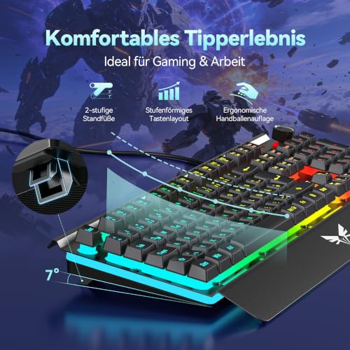 TECKNET Gaming Tastatur, Metallgehäuse Membrantastatur mit Lautstärkeregler – Ansicht 5