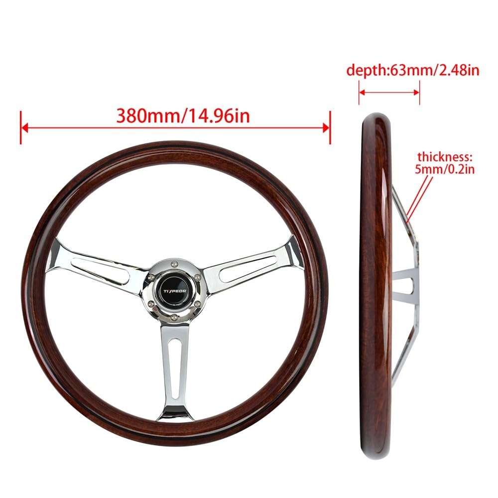 Volante clásico con acabado de madera, 15" (380 mm), volante retro universal para coche con botón de claxon, 3 radios, 6 tornillos, modificación para coches clásicos.
