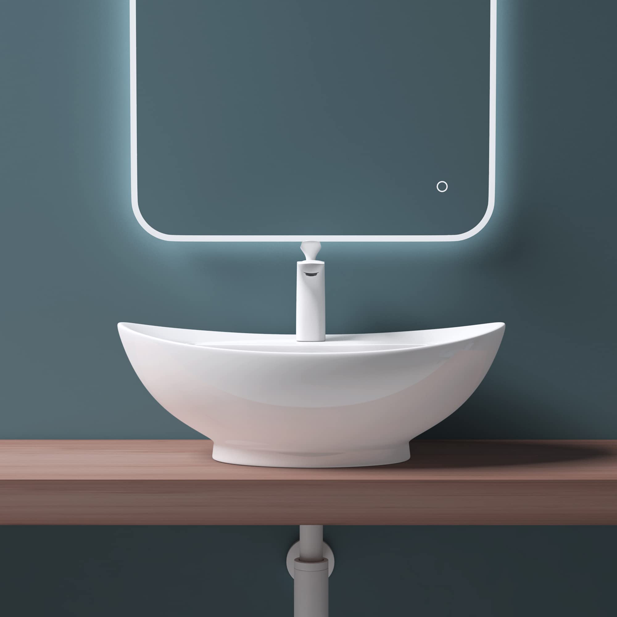 Mai & Mai Vasque Ovale à Poser 59x39x21cm Blanc avec Trop-Plein | Vasque Lavabo, avec Perçage de Robinet, Céramique, pour Salle de Bains Moderne, BR302