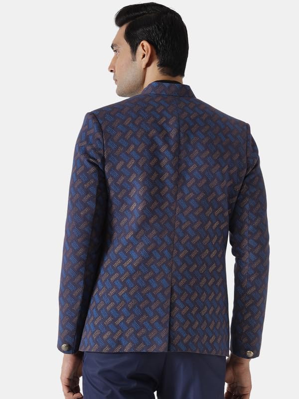 Image of KISAH Men's Sherwani, Indo-Western Blue Cotton Blend, Printed Regular Fit Mandarin Collar Long Sleeves