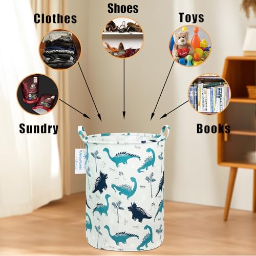 Image of Round Laundry Basket Collapsible Storage Hamper Organizer Full Dinosaur | Waterproof Canvas Foldable Baskets with sturdy Handles Multi-scene Organizer for Home Play Bedroom Gift Bin
