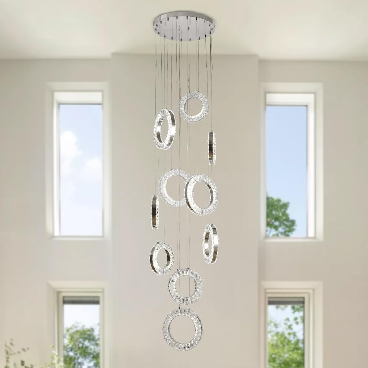 Lysdjia Silver Modern Crystal Chandelier 10 Ring Long Staircase Pendant Light Led Living Room Ceiling Lamp With Remote Control High Ceiling Foyer Hanging Lamp Stainless Steel Ring Light Fixture For Restauran