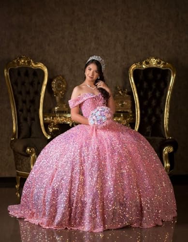 Mauuwy Sparkly Off Shoulder Sequin Quinceanera Dresses with Train Puffy Prom Dresses Long Ball Gown for Women Sweet 16 Dress4