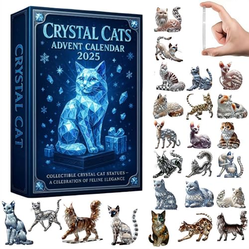 Calendario de Adviento de 2025 con diseño de gatos de cristal, 24 días, adornos de gato de cristal, calendario de cuenta regresiva de Navidad, cristales acrílicos 2D, calendarios de cuenta regresiva