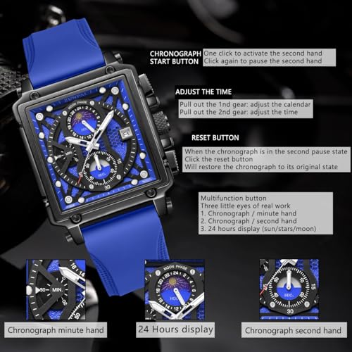 Image of ZUNPAI Moon Phase Watch for Men Multifunction Chronograph Dial Analog Quartz Square Wristwatch Business Dress Watch with Luminous Waterproof Calendar Silicone Strap