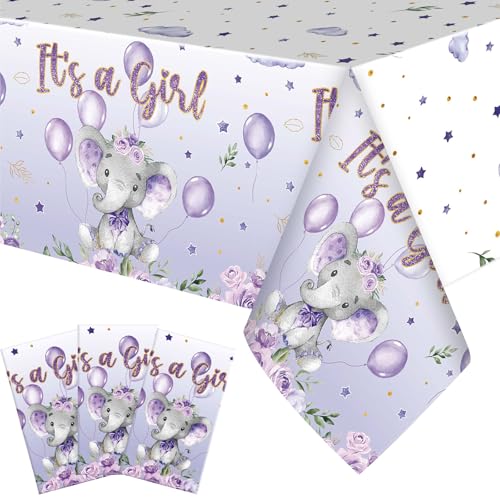 Image of Moukeren 3 Pack Elephant Tablecloth Baby Shower Decorations Plastic Table Cover Rectangle Table Decors for Boy Girl Gender Reveal Birthday Party Supplies, 54 x 108 Inch(Purple,Girl)