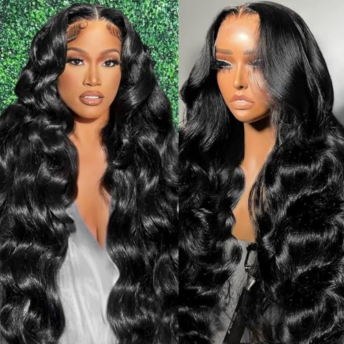 Oiosir 13x6 Body Wave Lace Front Wigs Human Hair Pre Plucked 200% Density HD Transparent Lace Frontal Wigs for Women Glueless Wig with Baby Hair Natural Black 24 Inch