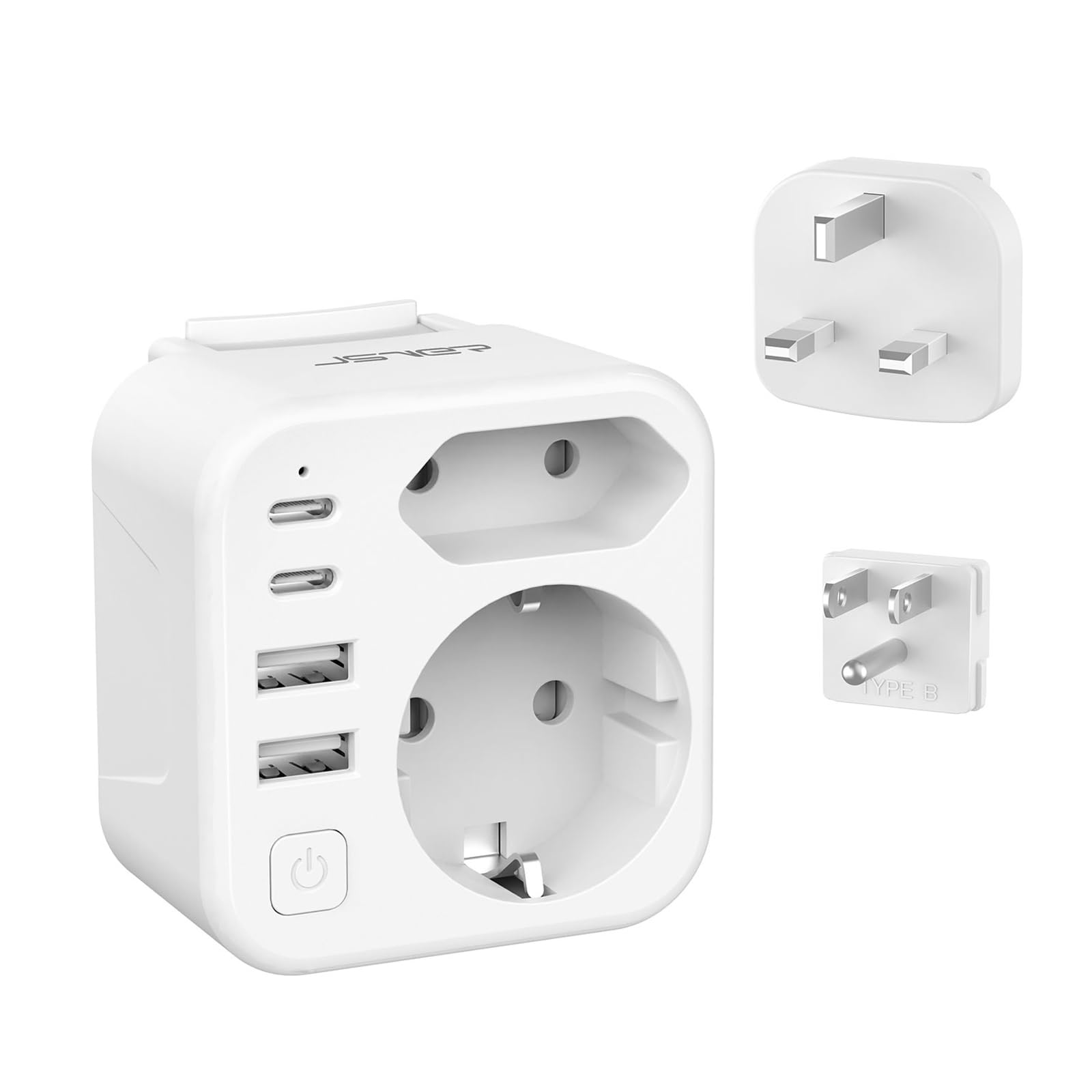 Adattatore di viaggio JSVER tipo B/G con 2 porte USB-A e 2 porte USB-C per oltre 150 paesi Bianco