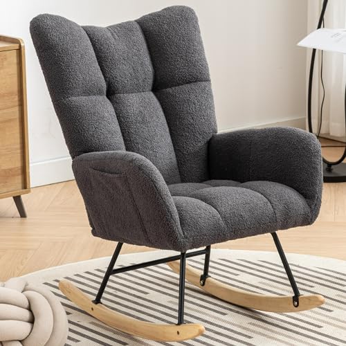 Image of Whalemon Rocking Chair Nursery, Teddy Upholstered Glider Rocker with High Backrest, Reading Chair Modern Rocking Accent Chairs Glider Recliner for Living Room, Nursery, Bedroom,Gray, Grey