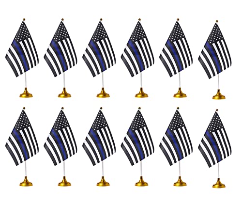 Zxvzyt Usa American Thin Blue Line Desk Flag Small Mini Us Office Police Flags With Stand Base Decorations (12 Pack) #TOP17