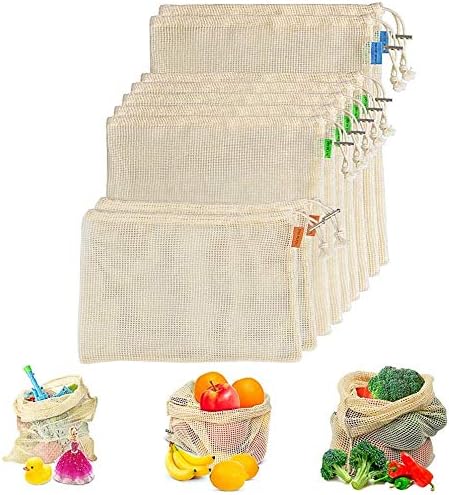 Reusable Cotton Mesh Produce Bags - Biodegradable Organic Cotton Vegetable Bags Double Stitched Seams with Drawstrings and Tare Weights, Machine Washable - Perfect for Vegetable, Fruits, Toys
