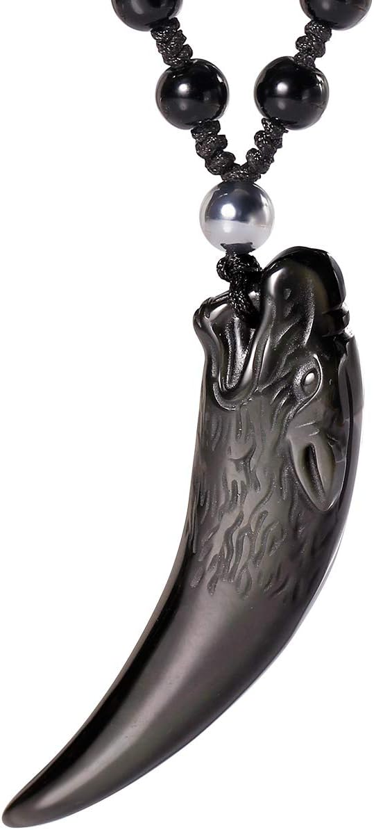 Black Obsidian Simple Style Wolf Tooth Necklace Natural Stone Healing Crystal Pendant with Extend Bead Chain Unisex