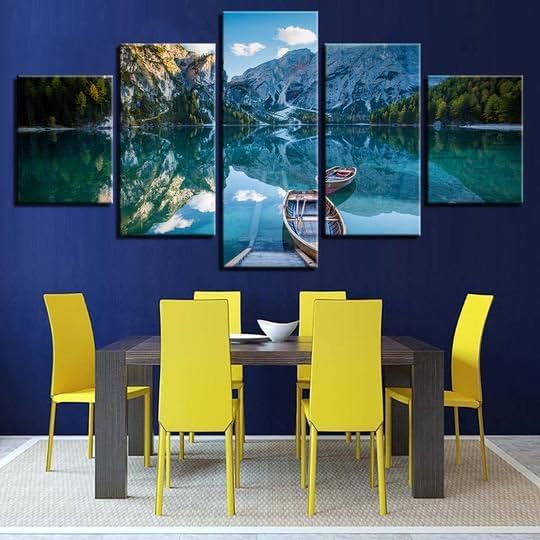 Genérico 5 Impresiones en Lienzo Canoas En Lago De Montaña Lienzo de pared de arte moderno enmarcado Pintura Dormitorio Salón Cocina