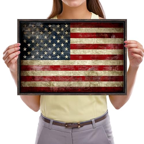 Image of Pyradecor Walnut Framed Wall Art Old Vintage American Flag Canvas Prints Abstract Landscape Pictures Paintings for Living Room Office Home Decorations