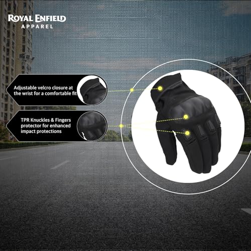 Image of Royal Enfield Kommuter Riding Gloves | Impact Resistance: TPR Knuckle Protectors | Throttle Control: Reinforced Palm Grip | Steady Grip: Microsuede Palm Patch | Breathable Construction | Black 3XL