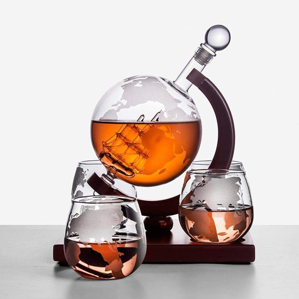 Decantador de jarras de vidrio for el hogar y el pub Juego de decantador de whisky con globo grabado - Jarra de globo de vodka - Decantador de globo de velero de vidrio artesanal de 1000 ml - Los mejo