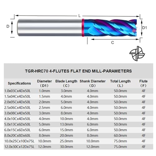 Image of Carbide Square EndMill HRC70 Double Edge 4 Flute TIAiN Coating Tungsten Steel Color-Ring Milling Cutter for Metal Steel TGP Series 11pcs Set