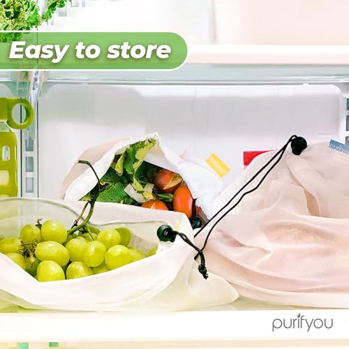 purifyou Set of 9 Reusable Produce Bags, Heavy Duty Washable Mesh Grocery Bag with Drawstring, Ideal for Farmers Market, Beach, and Refrigerator Storage (Extra Large, Large, Small) - Thumbnail 7