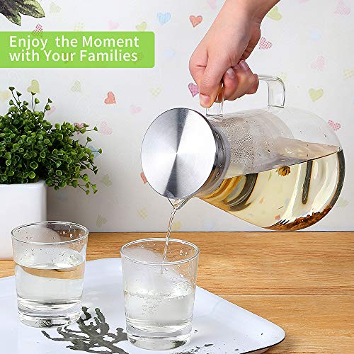 Foto von 1500ml 53oz Karaffe Glas Krug Krug Bleifrei Borosilikatglas Wasserkocher mit Kristallgriff und Edelstahl Deckel für Milch, Rotwein, kaltes Wasser, Fruchtsaft, heißen Kaffee, EIS Getränke etc