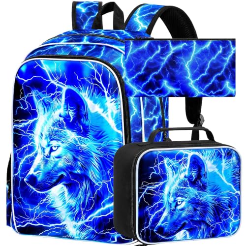 Image of 17 inch Wolf Backpack for School, Kids Boys Lightning Bookbag with Lunch Box, 3Pcs Backpacks for Elementary Preschool Kindergarten (Blue)