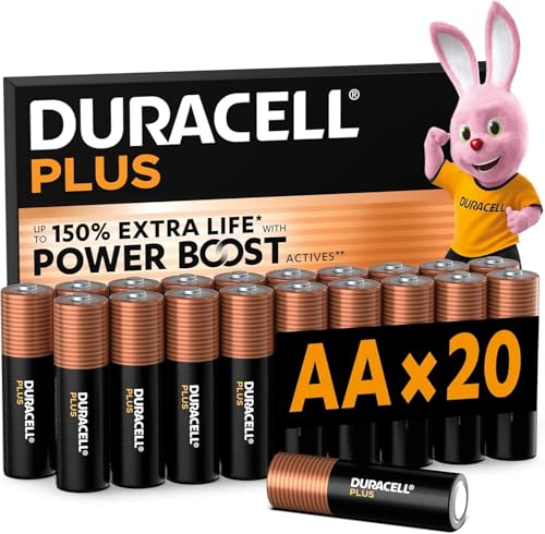 DURACELL Plus Pilas AA (Paquete de 20) – Pilas alcalinas 1,5 V – Hasta un 150 % de duración extra con activos POWER BOOST–Fiabilidad para dispositivos cotidianos–Envase con 0 % de plástico–MN1500