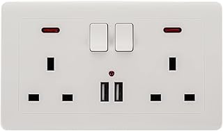 Dhouse Double Switched 13 A Electrical Double Socket with Two USB Charging Ports Square Edge Double Plug Wall Socket with LED for Home Office Hotel (White)