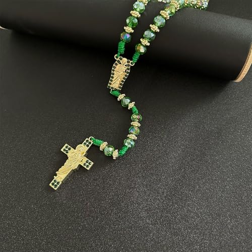 Exquisite Rosary Saint Jude Cross Pendant Mexican Necklace - Braided Cord Green Crystal beads Chain, Charm Accessories for Men and Women, Catholic St Jude Elegant Religious Jewelry Gift Idea2