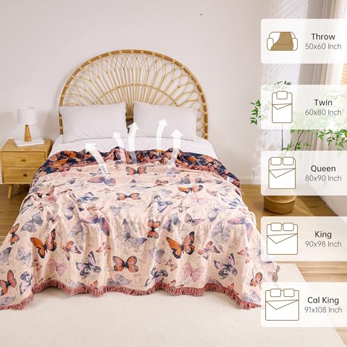 Image of VANJOROY Boho Throw Blanket, 100% Organic Cotton Breathable Ultra Soft 60 inch x 80 inch Bed Quilt Throw - All Season Floral Rustic Farmhouse Decor Luxury Reversible Blanket for Sofa Couch Chair and Gift