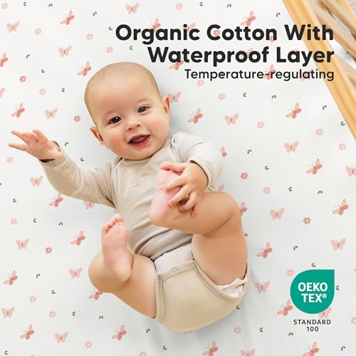 Image of 2-Pack Waterproof Crib Sheets for Boys, Girls, 52x28 Fitted (Butterflies) | Organic Cotton Baby Crib Sheets, Toddler Mattress Protector Cover, Washable, Soft & Durable Baby Bedding Essentials