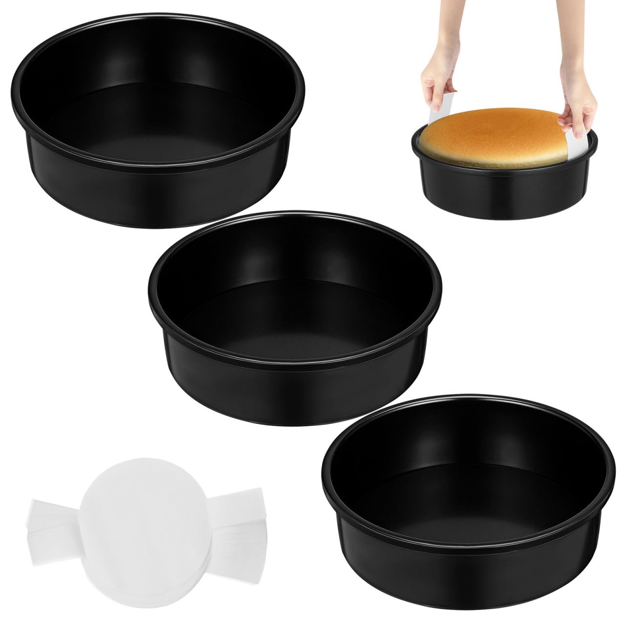 Yardwe 3 Piezas Molde Redondo para Pastel, Juego de Moldes para Hornear, 8 Pulgadas, Acero al Carbono, Negro, Antiadherente, con Papel Pergamino, para Hacer Postres y Bodas