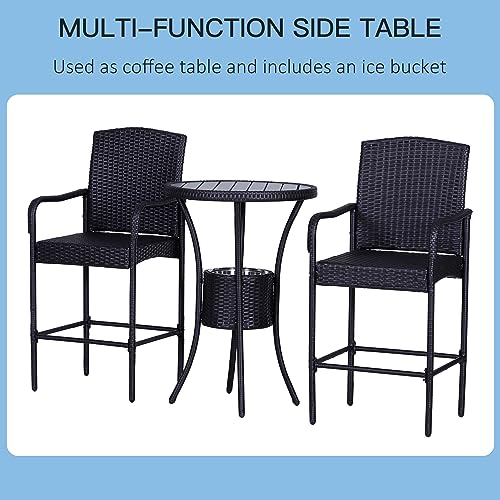 Outsunny Rattan Wicker Bar Set For 3 Pcs With Ice Buckets, Patio Furniture With 1 Bar Table And 2 Bar Stools For Poolside, Backyard, Porches #TOP5