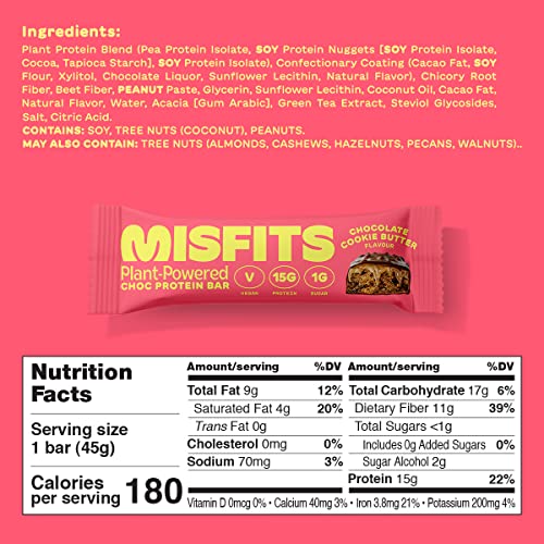Misfits Vegan Protein Bar, Cookie Butter, Plant Based Chocolate Protein Bars, High Protein Snacks With 15G Per Bar, Low Sugar, Low Carb, Gluten Free, Dairy Free, High Fiber, Non Gmo, Cookie Butter Flavor 12 Pack #TOP4