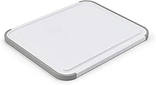 KitchenAid Classic Plastic Cutting Board with Perimeter Trench and Non Slip Edges, Dishwasher Safe, 8 inch x 10 inch, White and Gray