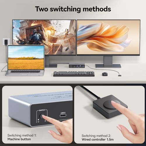 Image of KVM Switch 2 Monitors 2 Computers USB C, Desktop + Laptop Dual Monitor KVM Switch, Support 4K@60Hz with PD Power Function for Laptop, Suitable for Office /Work from Home, Programmer Setup, AI Worker