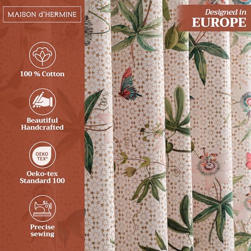 Image of Maison d' Hermine Curtains for Living Room 100% Cotton 124 inch Length One Panel Light Filtering Curtains for Windows with Rod and Loop Pockets (Passiflora - Grenadille, 50 inch W x 124 inch L)