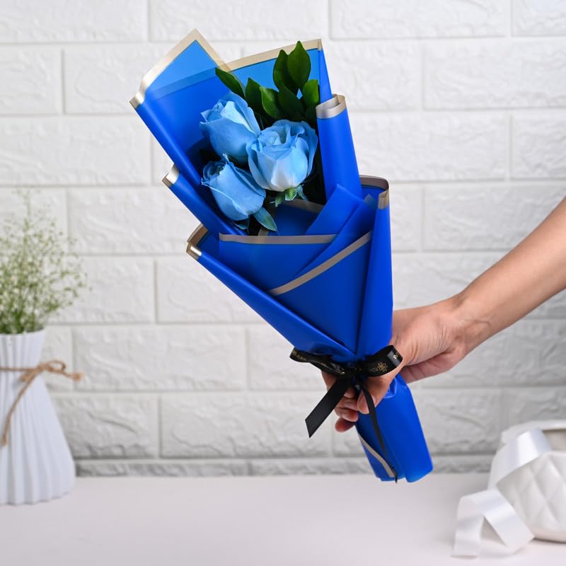 Image of FlowerAura Premium Fresh Live Flower Bouquet of 3 Blue Painted Roses In Designer Paper Gift For Birthday | Anniversary | Love | Home Decor | Fathers Day Gift For Dad (Same Day Delivery)
