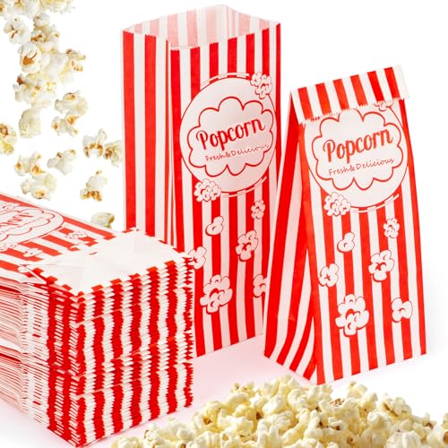 Image of MAQIHAN 200 Popcorn Bags Flat Bottom - Small Disposable Paper Bag for Popcorn, Popped Kernels Container, Movie Night Supplies for Halloween Christmas, Carnival Games Party, Popcorn Machine Accessories
