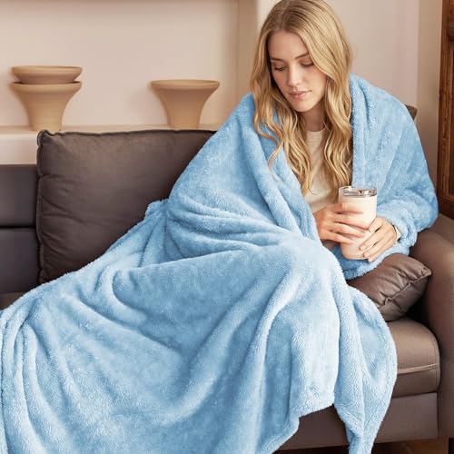 Image of VOMZER Premium Plush Double Blanket | 300 GSM Lightweight Cozy Soft for Bed Sofa Couch Travel Camping| 254X229 Cm /90x100 Inches Washed Blue