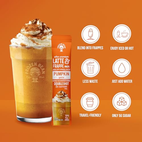 Image of The Frozen Bean Pumpkin Spice Instant Coffee Frappe, 10 Sticks | Real Arabica, 114mg caffeine, 5g sugar, Single serve packets, Hot or blended iced, On the go
