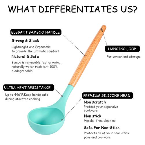 Mibote 17 Pcs Silicone Cooking Kitchen Utensils Set With Holder, Wooden Handles Cooking Tool Bpa Free Turner Tongs Spatula Spoon Kitchen Gadgets Set For Nonstick Cookware (Teal) #TOP2