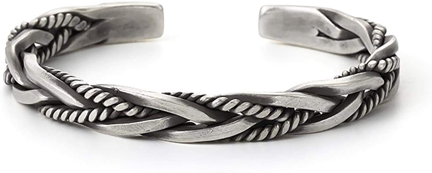 MauSongVintage Open Bracelet For Men,925 Sterling Silver Bangle For Men,Thai Handmade Retro Twisted Braided Open Cuff Bracelet-Silver 925